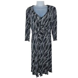 Studio Connection 90s Black White Abstract Pleated Midi Dress Size 18 V-Neck USA